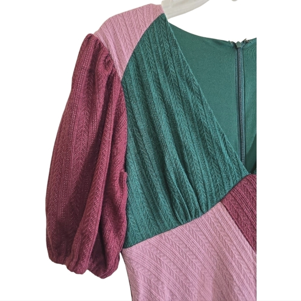 Hutch Colorblock Ribbed Knit Midi Dress Large Deep V-neck Burgundy Hunter Green - Picture 5 of 11